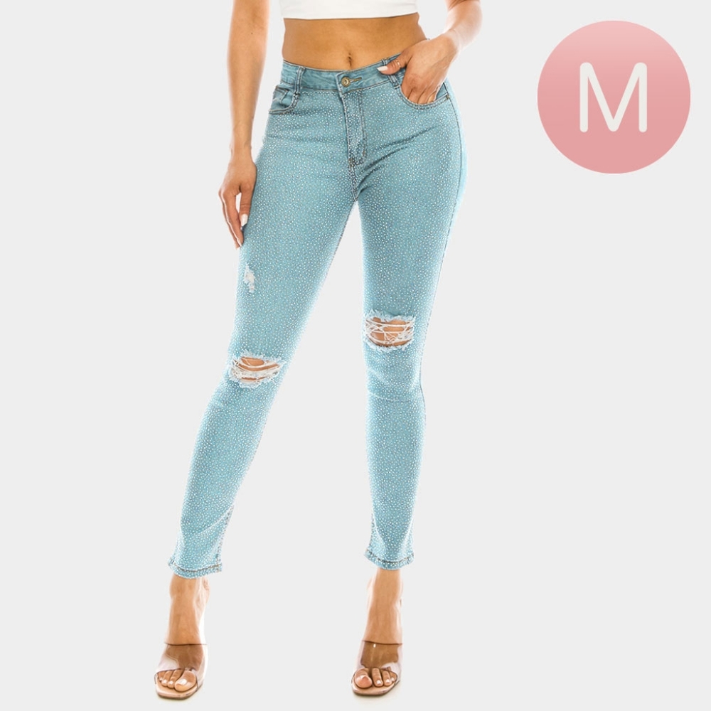 Light Blue Bling Studded Destroyed Style Skinny Jeans Plus Size Pants